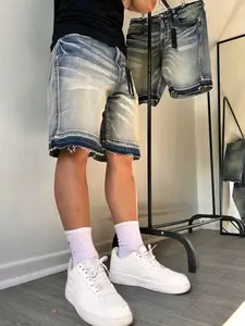 Men's Summer Vintage Washed Blue Gradient Denim Shorts, Loose-Fitting Wide-Leg Jeans-Style Shorts