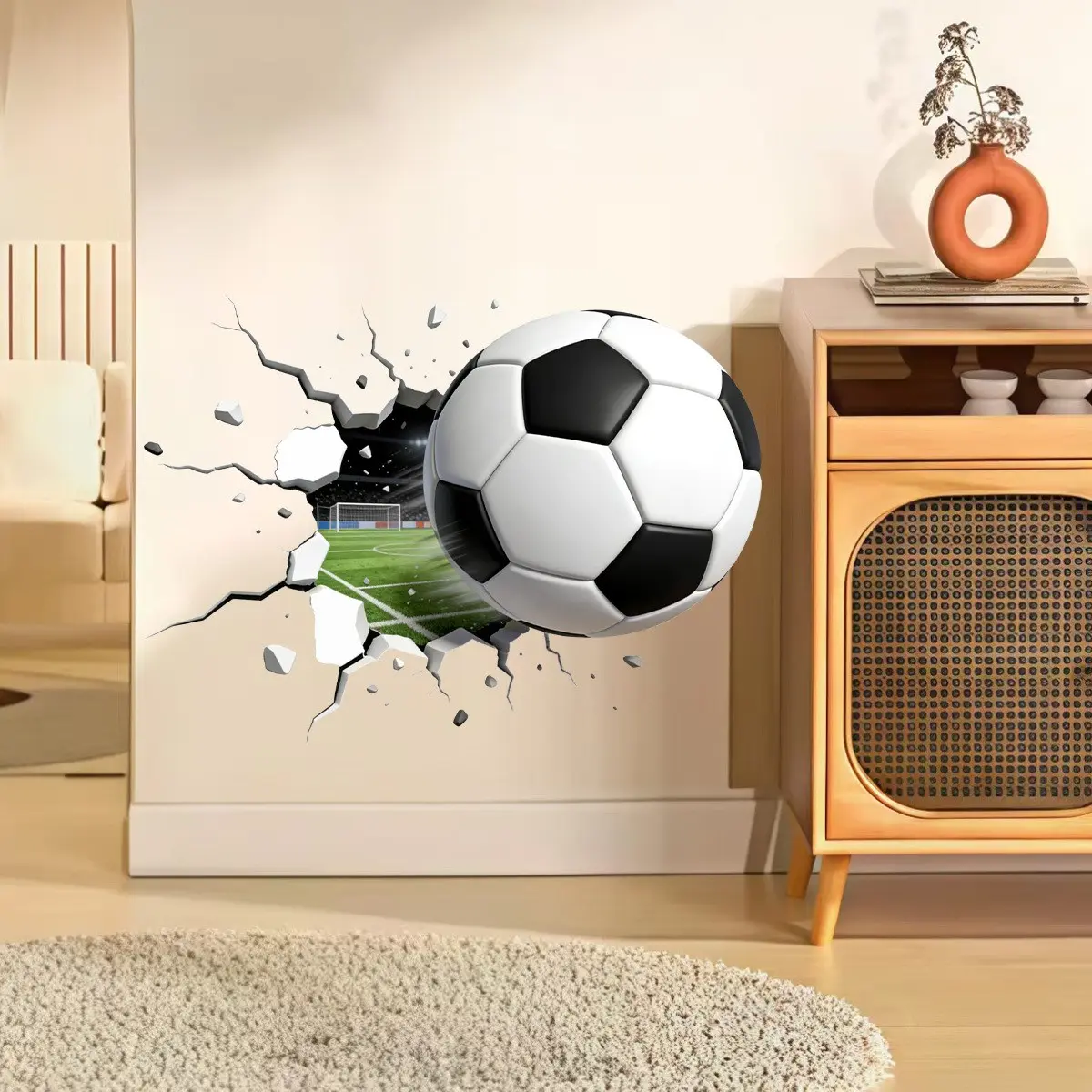 3D Football Wall Sticker for Living Room and Study, PVC 3D Soccer Wall Decal, Creative Home Decoration, Durable and Easy to Apply