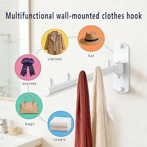 Folding Wall Mounted Clothes Hanger Rack with Swing Arm Stainless Steel Heavy Duty Coat Hook for Bathroom, Bedroom, Laundry Room- White