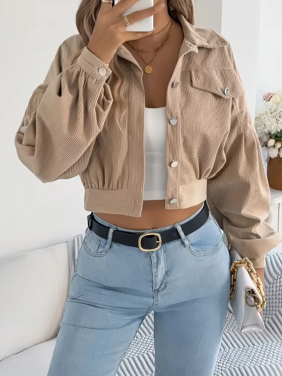 Spring and Autumn Casual Vacation Lantern Long-Sleeved Single-Breasted Corduroy Solid Color Short Jacket for Women