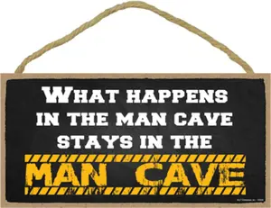 Popfizzy Funny Man Cave Sign - 5x10 Wood Decor - What Happens in the Cave Rules - Humorous Wall Art for Men's Mancave - Unique Novelty Decor - Perfect Gift for Him - Mancave Signs and Accessories