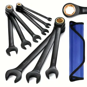 9-Piece Anti-Slip Ratcheting Combination Wrench Set, Metric 8-19 mm, 72-Teeth, Cr-V Constructed, Black Ratchet Wrenches Set with Roll Up Pouch