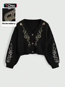 Women's V Neck Gothic Plant Snake Embroidery Sweater, Casual Loose-Fit Short Knitted Cardigan, All Seasons Moderate Fabric