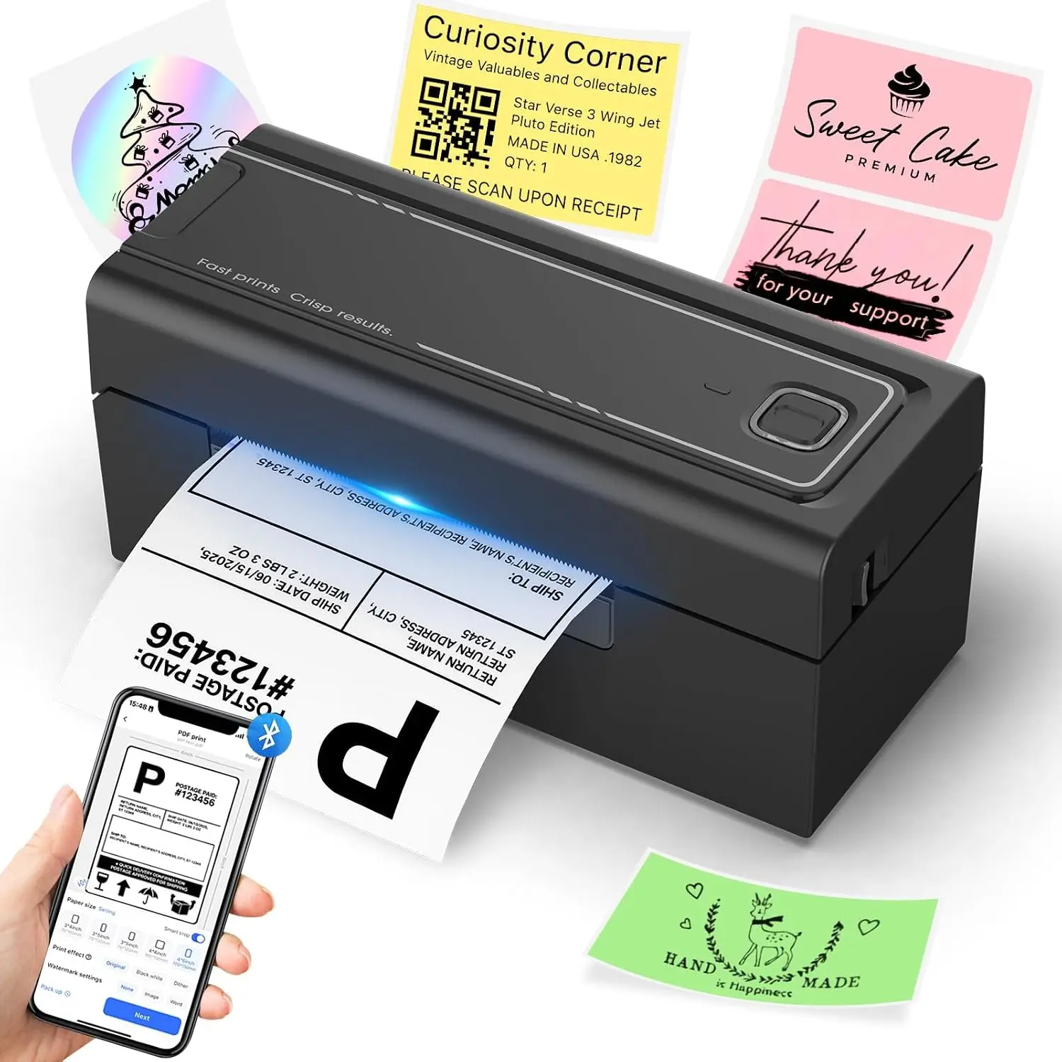 Bluetooth Thermal Shipping Label Printer, Wireless 4x6 Label Printer for Office, Compatible with Android, iPhone, Mac & Windows, Works with Amazon, Shopify (Black)