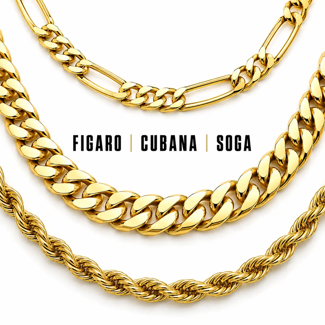 14K Gold Plated Men's Chain Necklace | Cuban, Figaro & Rope | Multiple Sizes & Styles