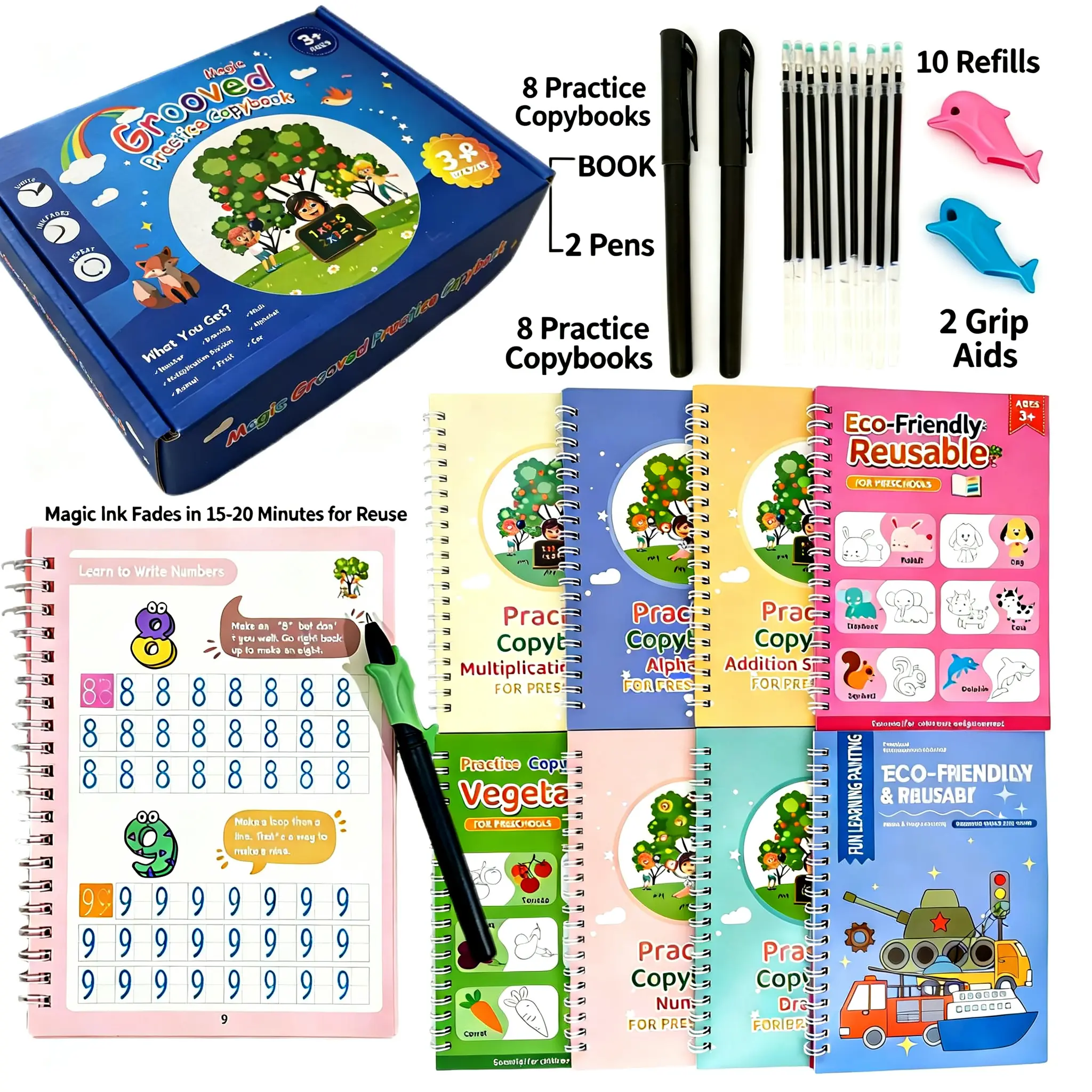 8-in-1 Magic Grooved Practice Copybook for Kids Ages 3-5, Reusable Montessori Preschool Handwriting Workbook with Auto-Fading Ink, 2 Pens, 10 Refills, 2 Pencil Grips, Educational Office & School Supply