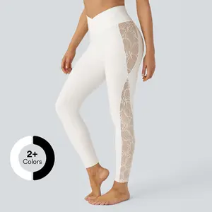 Halara Softlyzero High Waisted Crossover Contrast Lace Yoga 7/8 Leggings-UPF50+
