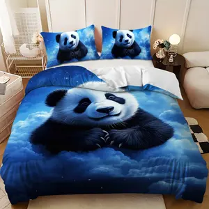 Bedding 3-piece set - 3PCS,Blue and white panda sitting on clouds design down comforter set (1 comforter cover + 2 pillowcases, filling not included). soft and comfortable, suitable for family bedrooms.