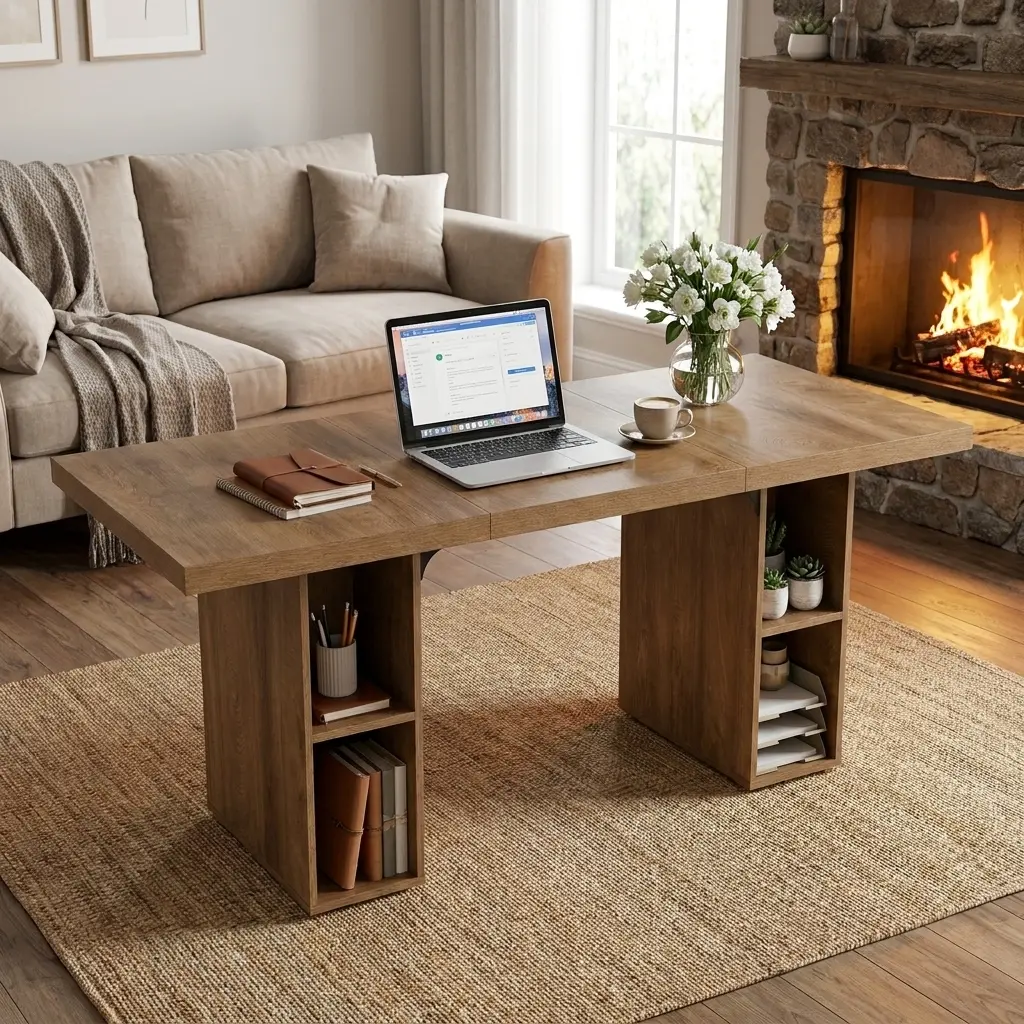 HIPIHOM Modern Long Storage Table - Wood Grain Console Table with 2 Side Shelves, Multifunctional Space-Saving Furniture, Stable Modular Design, Natural Wood Style, Perfect for Living Room, Entryway, Home Office & Modern Homes