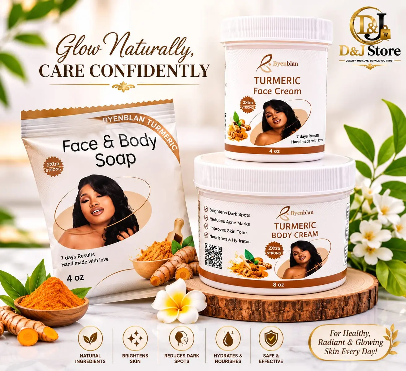 D&J Byenblan 3-Piece Beauty Set - 8 oz Turmeric Body Cream, 4 oz Face Cream, 7 oz Face & Body Soap Cleanser