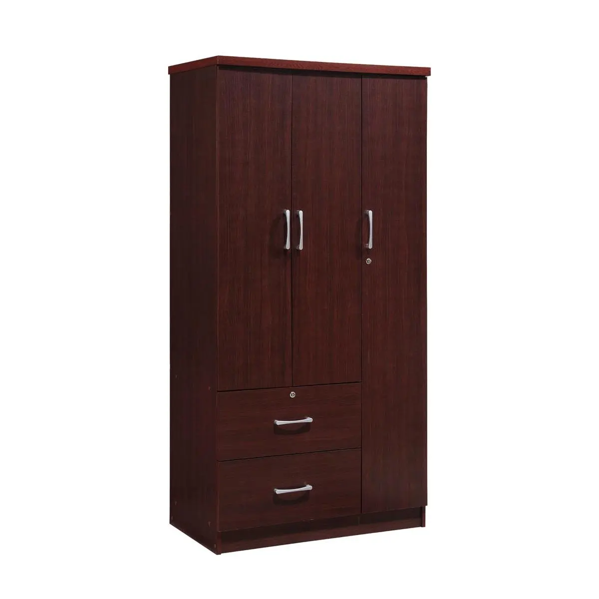 Hodedah Mahogany 3-Door Armoire - Wooden Wardrobe Closet, Cabinet with Doors, Multi Layer Storage Unit, Bedroom Indoor Clothes Organizer with 2 Drawers, 3 Shelves, Durable, Easy to Maintain, Contemporary Home Decor