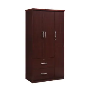 Hodedah  3-Door Armoire with 2-Drawers, 3-Shelves - Mahogany