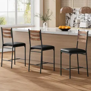 Bar Stools Set of 2 Barstools Faux Leather Upholstered Bar Chair Wooden with Back and Footrest and Thick Cushion Counter Height Bar Stools for Kitchen Island Apartment Retro