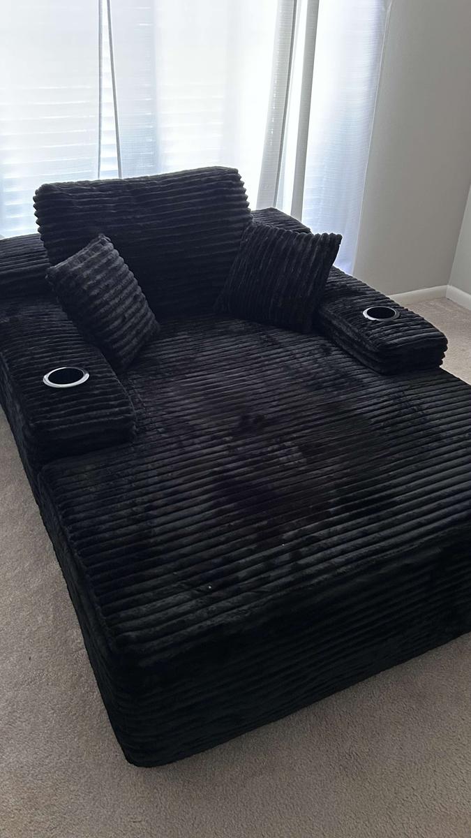 Item: Black Plush Corduroy, Single Sofa Bed With Cup Holder