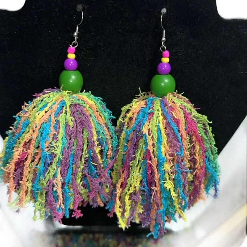 Fruity Pebbles Colorful Tassel Earrings with Green Beads and Vibrant Fringe for Festive Style