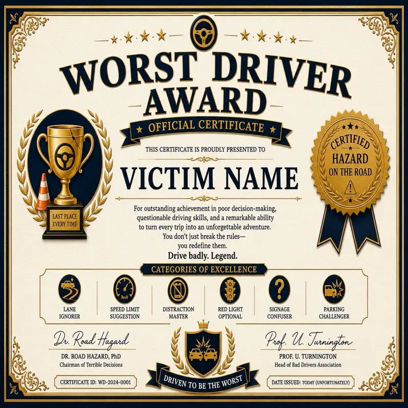 Worst Driver Award Certificate – Funny Prank Gift for Friends, Coworkers & Family | Personalized Novelty Certificate Mailed Anonymously