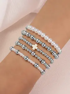 Fashion Unique Turquoise Cross Pearl Ccb Beaded Elastic Stackable Women's Bracelet Set, 5 Piece Jewelry Collection Pearl Bracelets
