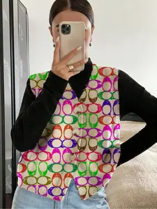 Geometric Pattern Colorblock Open Front Button Knit Sweater, Casual Sleeveless Vest for Spring Summer Fall, Comfortable Women's Clothing