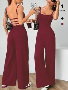 Y2K Vibe Crisscross Backless Cutout Square Neck Jumpsuit, Flowy Wide Leg Pants, Slim Fit Loungewear, Sexy Sleeveless Design, All Seasons, Womenswear, Fitted, Everyday, Fashion