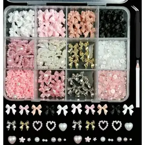 A set of mixed-color ribbon bow resin manicure accessories, including mixed alloy bows, pearls, and hearts, perfect for nail art and nail projects, complete with pens and tweezers, Nail Art Tools
