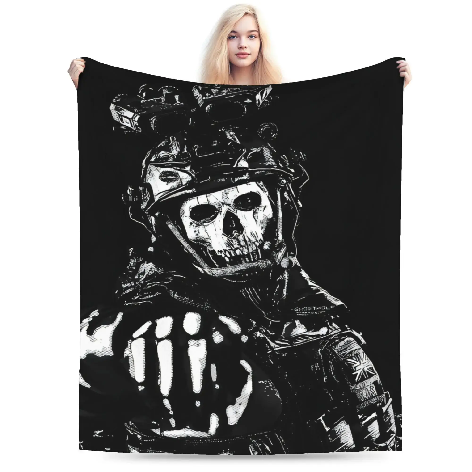 COD Ghost Reaper Fleece Blanket - Digital Print Featuring Skulls And Tactical Gear, Black And White Gaming Theme, Soft Shawl for All Seasons, Durable Sofa Bed Cover for Home Use, Perfect for Napping