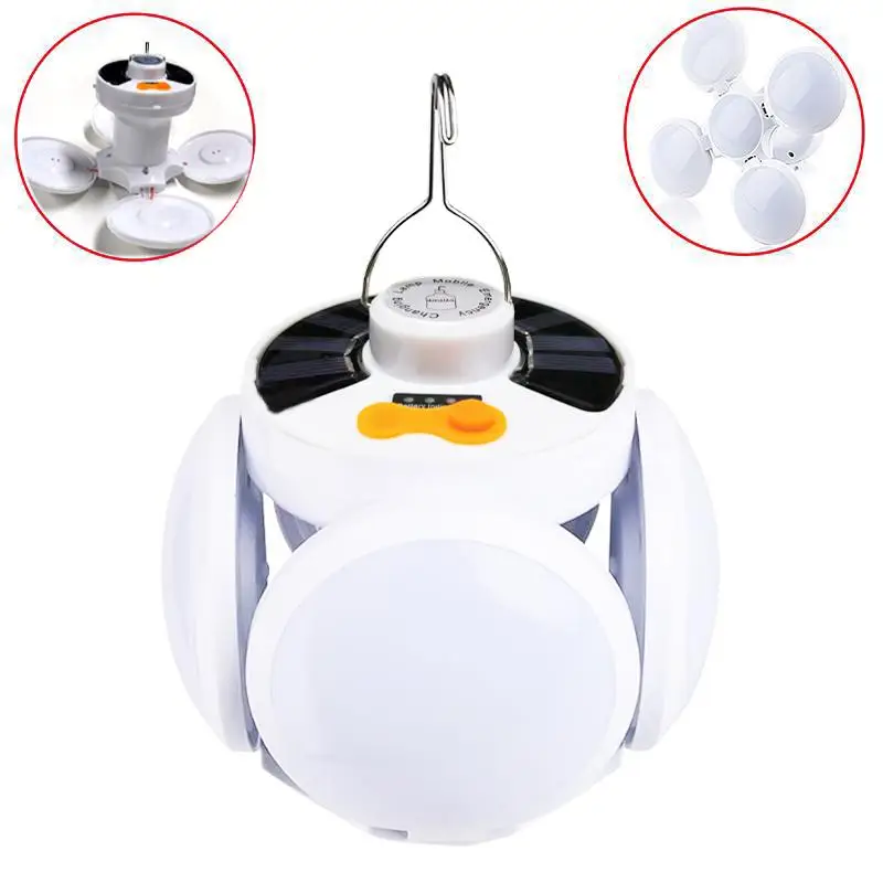 Portable Solar Camping Lantern, Foldable LED Football Bulb with Hook, Rechargeable USB Table Lamp for Home, Office, Tent, Emergency Outages Lighting