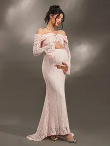 ELLIOTTWII Maternity Elegant Off-Shoulder White Lace Long Sleeve Mermaid Maxi Dress, Suitable For Wedding, Party, Baby Shower, Maternity Photoshoot, Christening