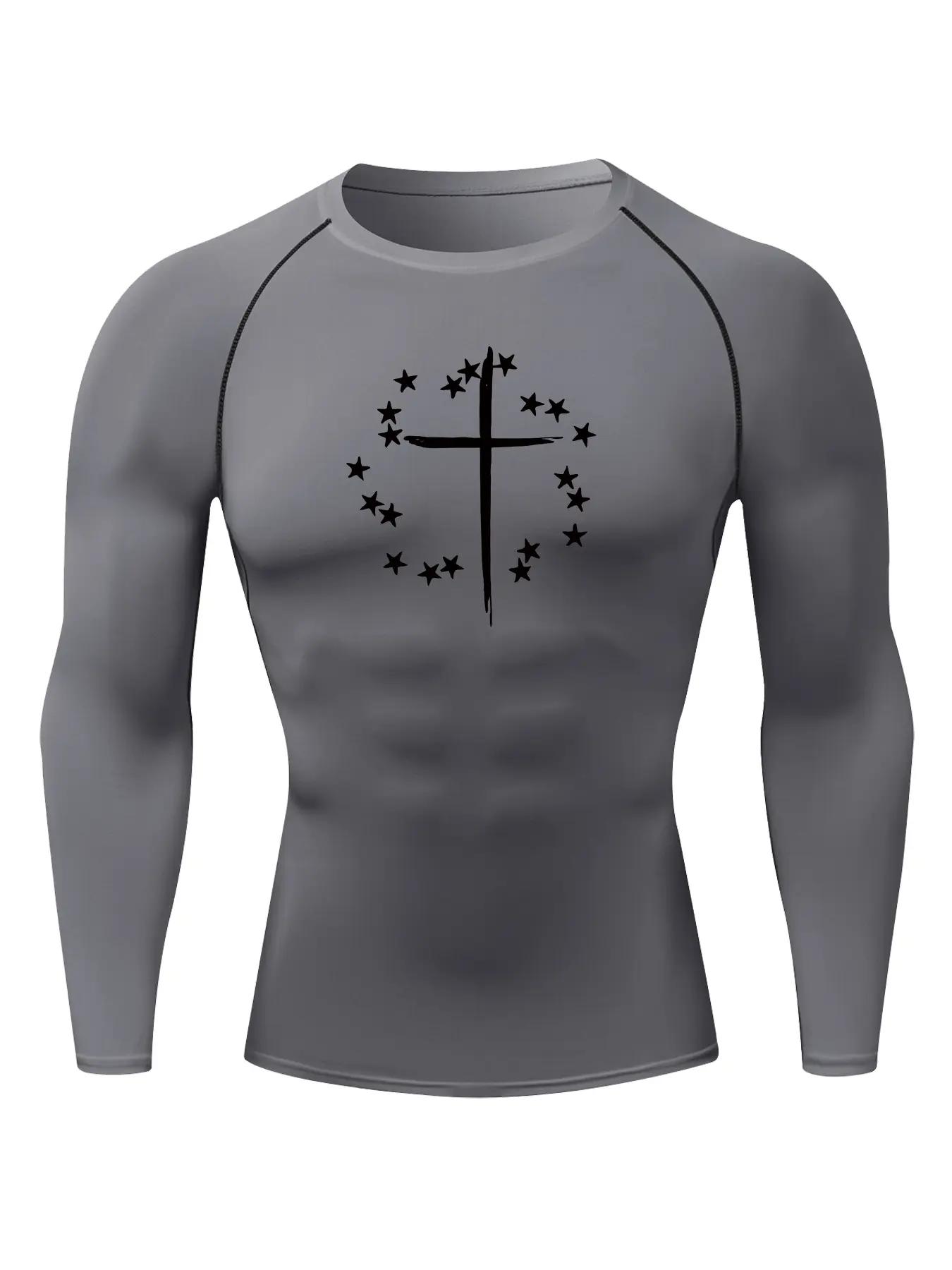 Men's Star Cross Graphic Print Long Sleeve Compression Shirt, Gym Workout Fitness Training Running Tight-Fit T-Shirt, Athletic Quick-Dry Elastic Baselayers Undershirts Top, Spring & Fall Sportswear, Athletic Fashion Activewear