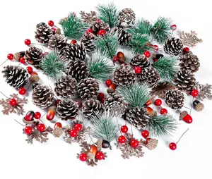 120 Pcs Artificial Pine Cones Pine Needles Artificial Red Holly Berries Natural Wooden Snowflake Christmas Wreath Accessories for DIY Christmas Garland Wreath Holiday Decoration