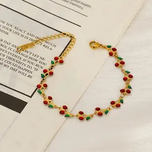 Brazalete de cherry Acero Inoxidable 304 Gold-Tone Bracelet with Red and Green Beads Stainless Steel Jewelry