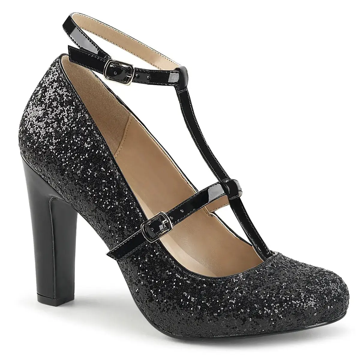 Pleaser Pink Label Queen-01 Women's Round Toe Pump Black Glitter