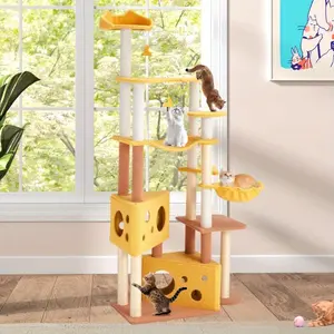 72" Cat Tree in Cheese Design, Indoor Cute Cat Tree Tower for Small & Medium Cats, Multi-Level Cat House with Top Perch, Cozy Hammock, and Sisal Scratching Post, Yellow