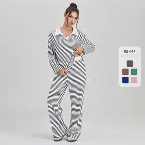 Women's Versatile Color Matching Stripe Long Sleeve Top & Wide Leg Trousers Co-ord, Cozy V-Neck Loose Two Piece Outfits, Breathable Outfits (CN)