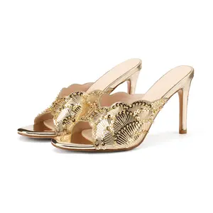 Women's Glamorous Metallic Shell Embellished High Heel Slides - 4 Dazzling Colors Perfect for Date Night & Special Occasions Walking Shoes Sandal Walking Shoes