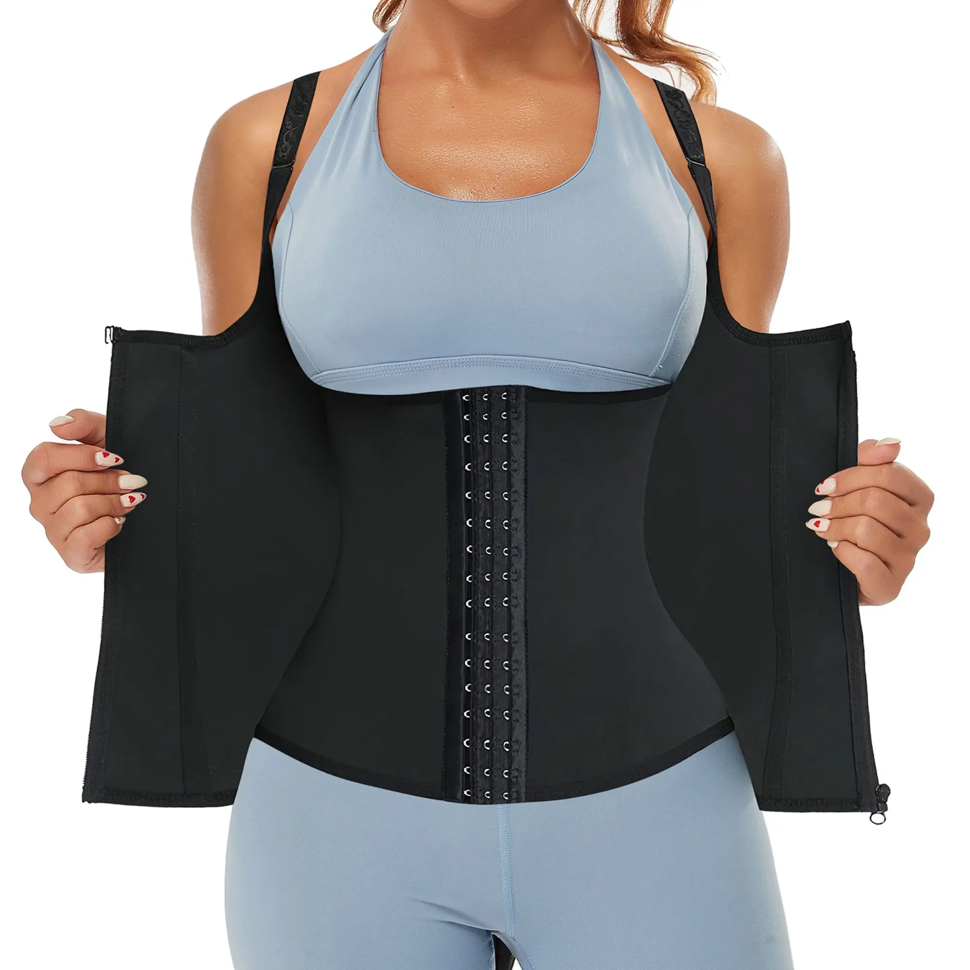 Women's Waist Trainer Vest - Polyester Elastic Fabric Activewear with Adjustable Straps, Steel Bones, Zipper, Slimming Effect for Training & Athletic Fitness