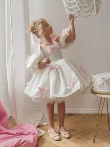 Girls' Party Dress with Handmade Bow, Tulle Overlay Dress, Flower Girl Gown for Birthday Celebrations, Evening Parties, Costume Balls, Weddings, Festivals