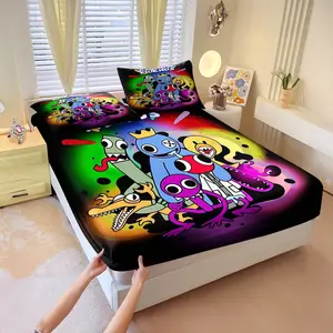 Rainbow cartoon monster printed bed sheet set, Includes 1 Bed Sheet & 2 Pillowcases without Filler, trendy and funny, skin friendly and breathable, creating a personalized and playful bedroom atmosphere