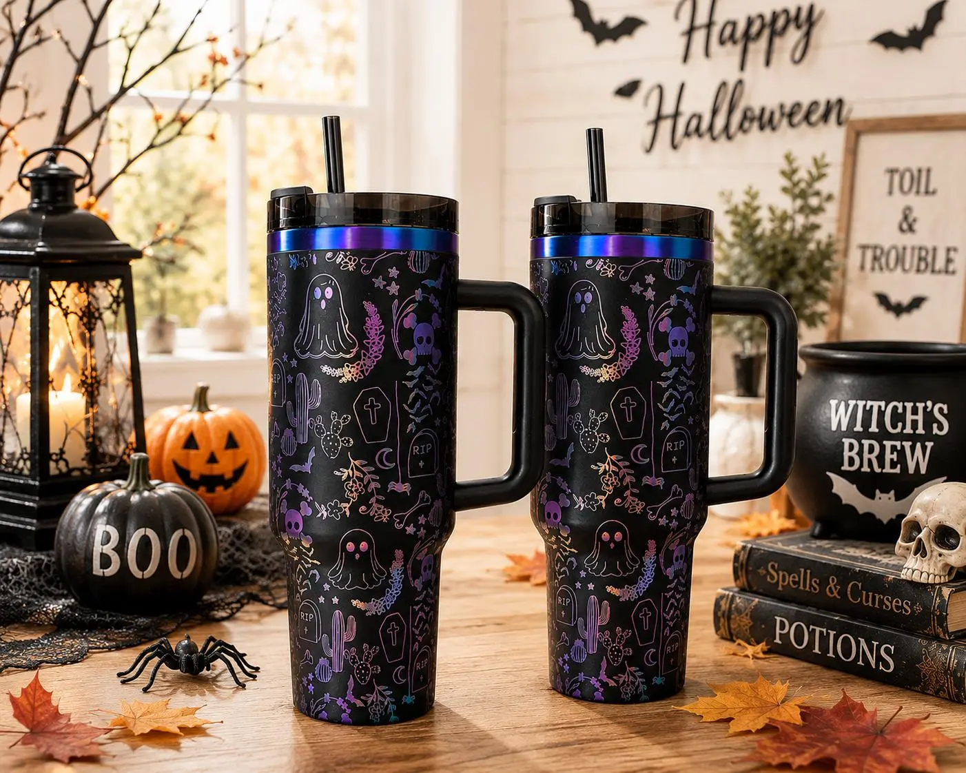 Halloween Ghost 40oz Tumbler with Handle & Straw, Stainless Steel Insulated Travel Mug, Double Wall Vacuum Cup for Hot & Cold Drinks, Spooky Gift for Women & Men