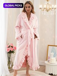 women's elegant long sleeve bathrobe, french terry warm robe with pockets, fall & winter thick fitted homewear