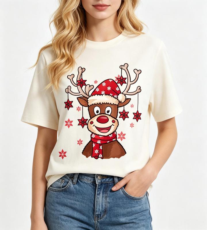 Women's Crew Neck Short Sleeve T-Shirt - Beige, Cute Reindeer Santa Hat Scarf Snowflake Christmas Star Print, Lightweight Soft Comfortable Fabric, Holiday Casual Top #sohochic