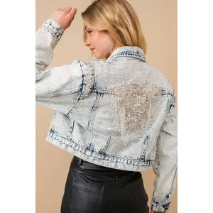 Acid Washed Shoulder Beading Denim Jacket