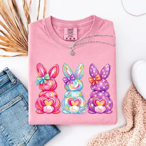 Comfort Colors Easter Bunny Shirt – Coquette Bow Bunny Graphic Tee, Vintage Pastel Rabbits Comfort Colors, Cute Spring Easter Outfit for Women