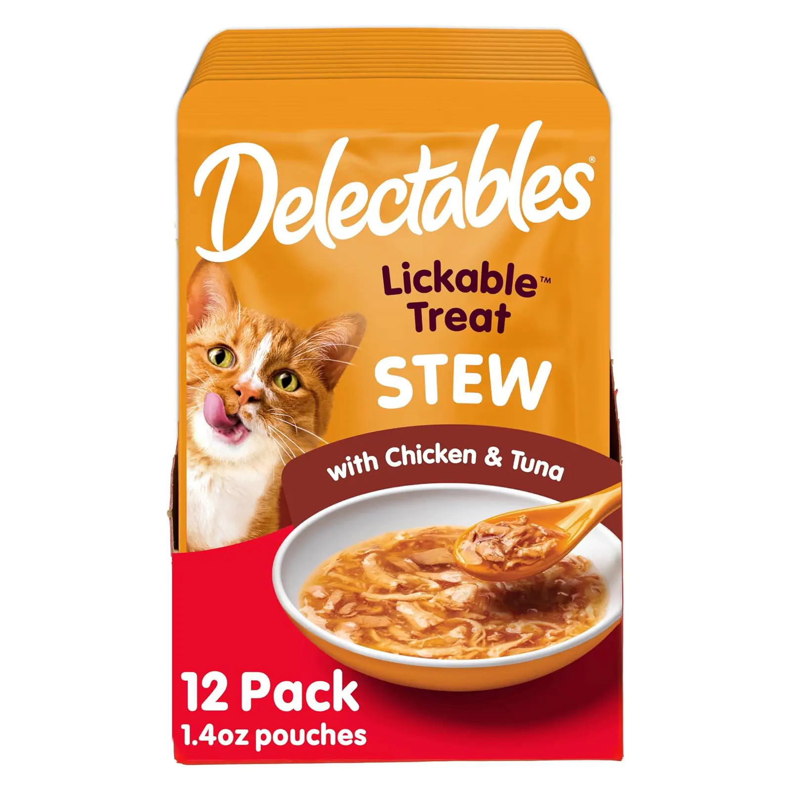 Delectables Lickable Treat Stew Wet Cat Treat with Real Chicken & Tuna, Food Topper, Hydrating, Grain-Free, No Fillers, No By-Products, No Added Preservatives, 1.4oz Pouch, 12ct