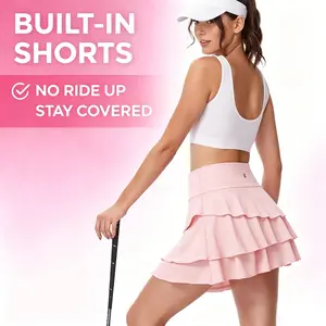 Women’s Pink Tennis Skirt with Built-in Shorts, High Waisted Athletic Ruffle Skort, No Ride Up Stretch Activewear Skirt for Golf & Workout