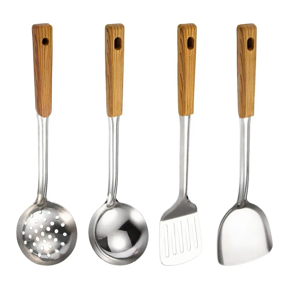 Stainless Steel 4-Piece Kitchen Utensil Set with Wooden Handles - Hanging Hooks for Easy Storage, Durable, Cooking Tools (Spoons, Soup Spoons, Spatulas) - Suitable for Households, Restaurants
