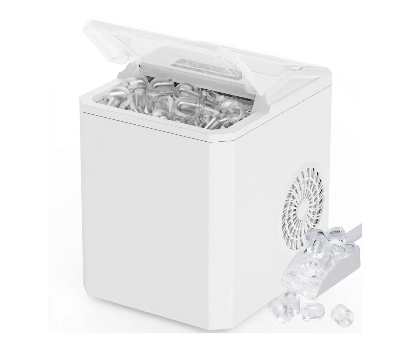 Countertop Ice Maker, 26 lbs in 24 Hrs, 9 Ice Cubes Ready in 6 Mins, Self-Cleaning, with Basket & Scoop, For Home, Camping, White