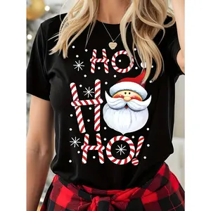 Women's Christmas T-Shirt - Green Holiday Top with HO HO Pattern, Lightweight Round Neck Short Sleeve Shirt Suitable for Christmas Party, Daily Wear and Year-Round Wear - Machine Washable Casual Shirt, Joyful Print Design, Comfortable Fit, Essential