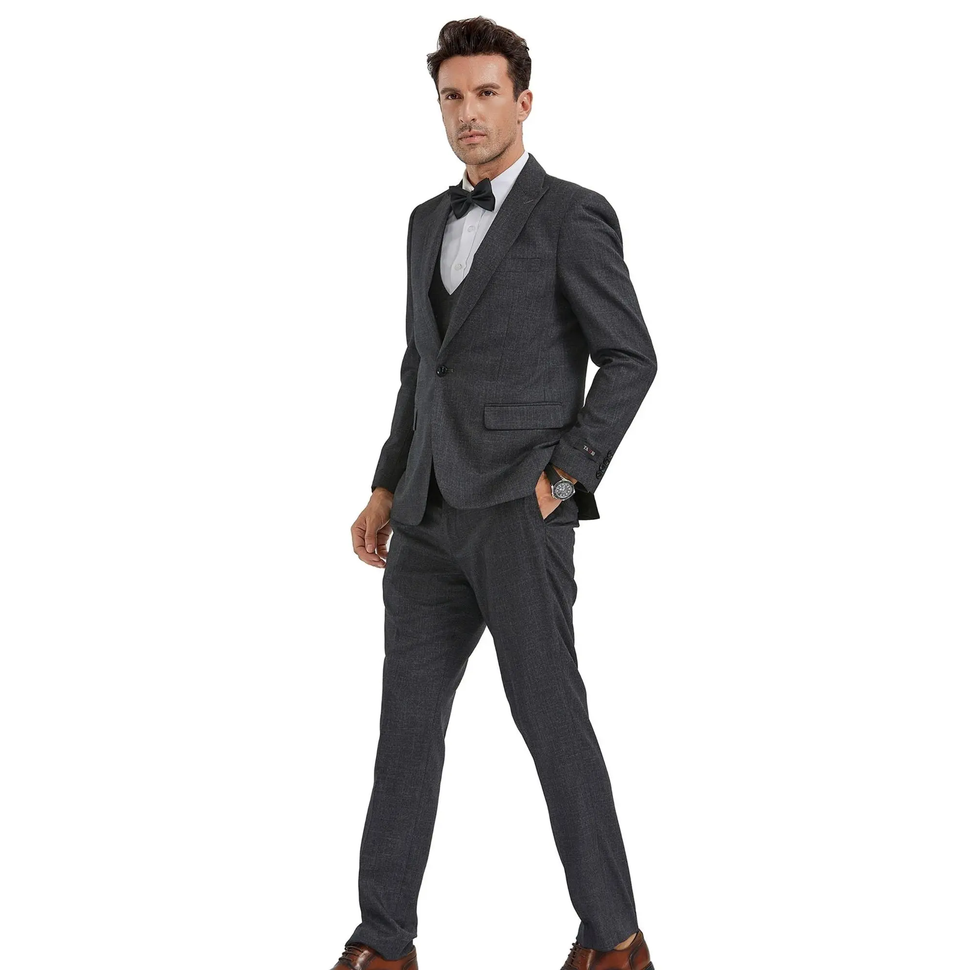 Textured 3-Piece Slim Fit Suit with Double-Breasted Vest - Charcoal