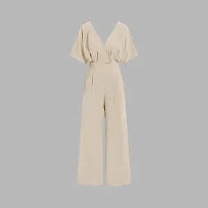 Women's Basic Linen-Blend V-Neck Solid Corset Middle-Sleeve Pocket Overalls, Cider Statement Clothes, 2 Colors, Size 2-10