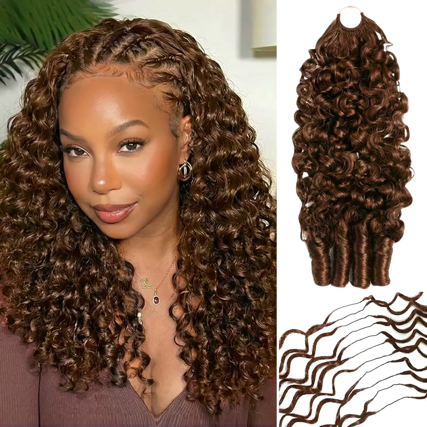 【8 Colors】4# Chocolate Brown Burmese Curly Crochet Human Hair 50g Knotless Pre-Separated Feather Crochet Human Hair Bundles 10-24inch Invisible Miracle Knots Reusable Human Crochet Hair For Women